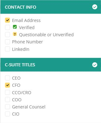 9AT contact filters: Contact Info with Email Address selected and C-Suite Titles with CFO selected; no contact records are shown.