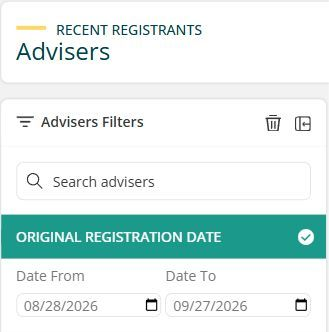 9AT Recent Registrants filter panel: Original Registration Date selected, Date From 08/28/2026, Date To 09/27/2026.