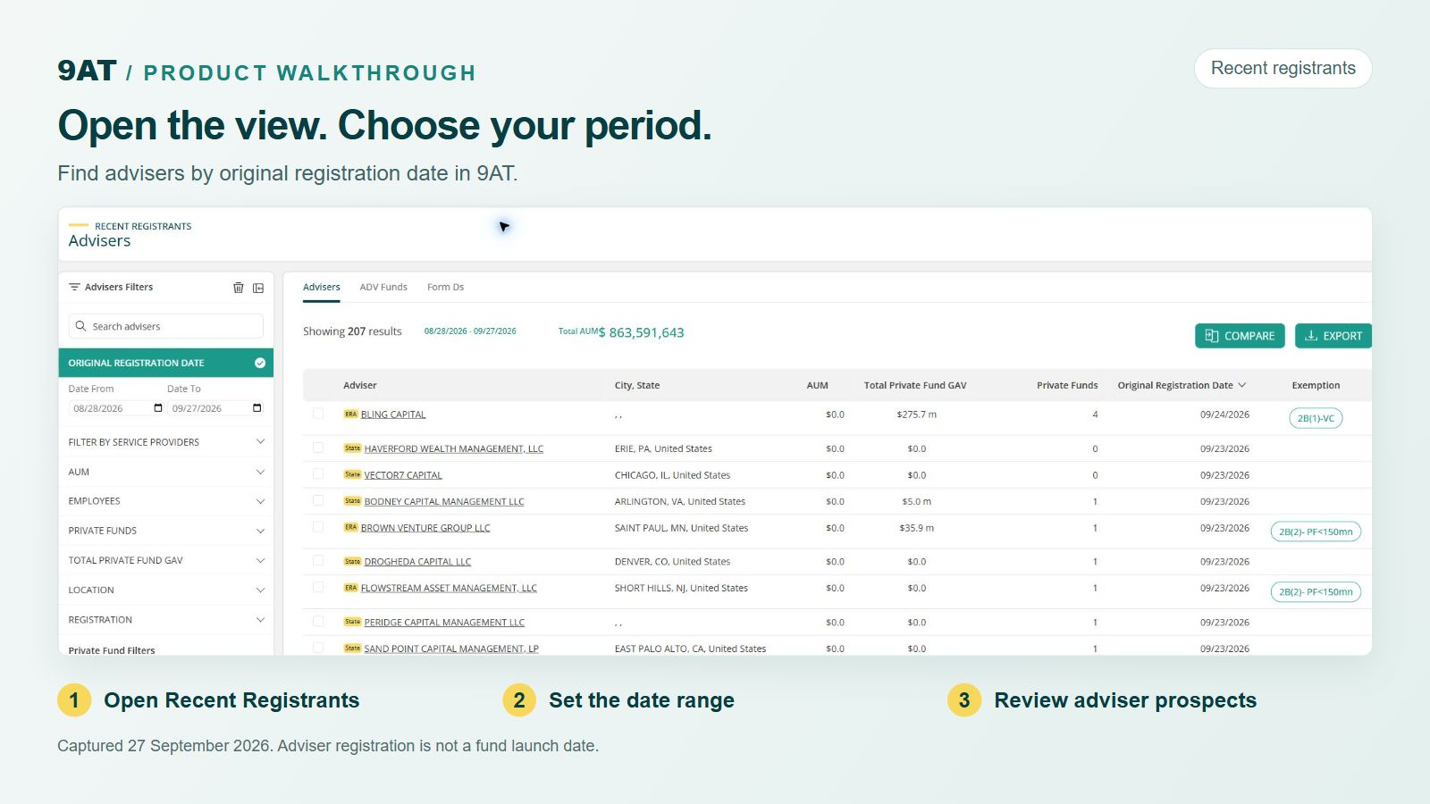9AT Recent Registrants with date controls and matching adviser results.